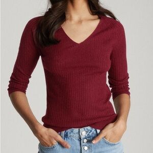 Reiss alpaca wool blend plum burgundy ribbed V neck stretchy fitted sweater